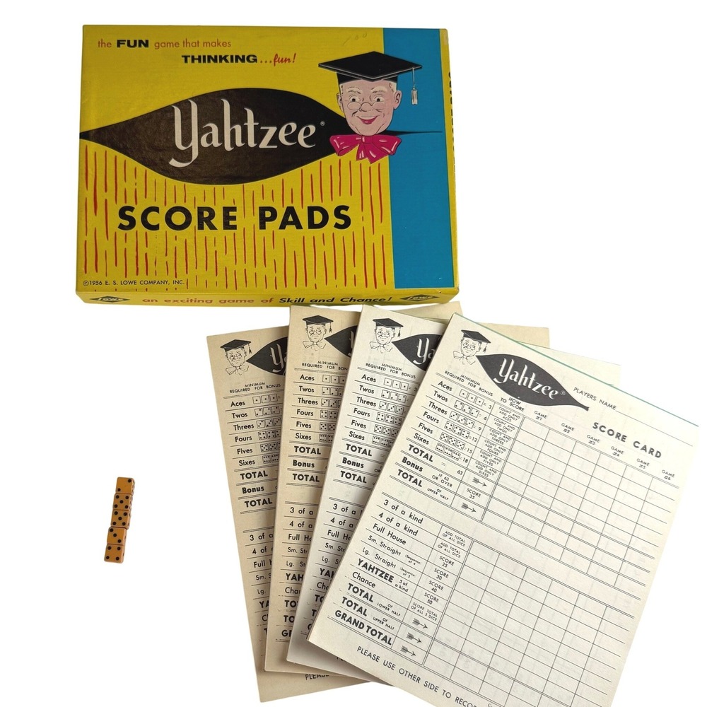 Vintage 1956 Yahtzee Score Pad E.S. Lowe Original Box Miniature Dice 6/100